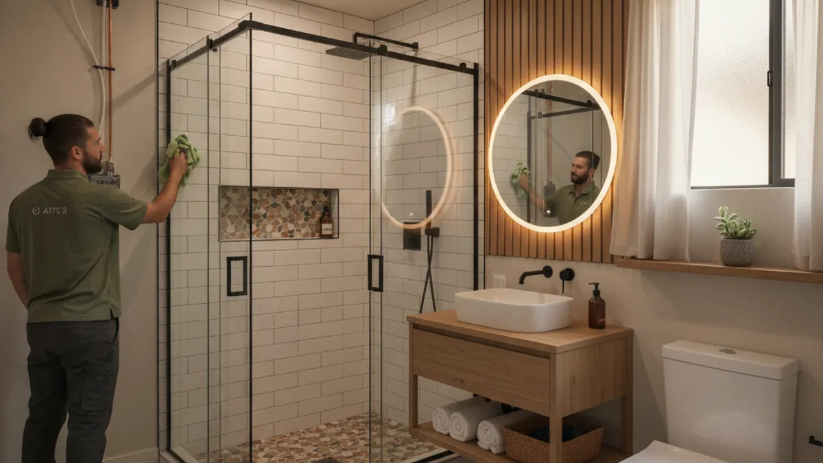 A finished bathroom with tile shower in a converted garage ADU in San Diego