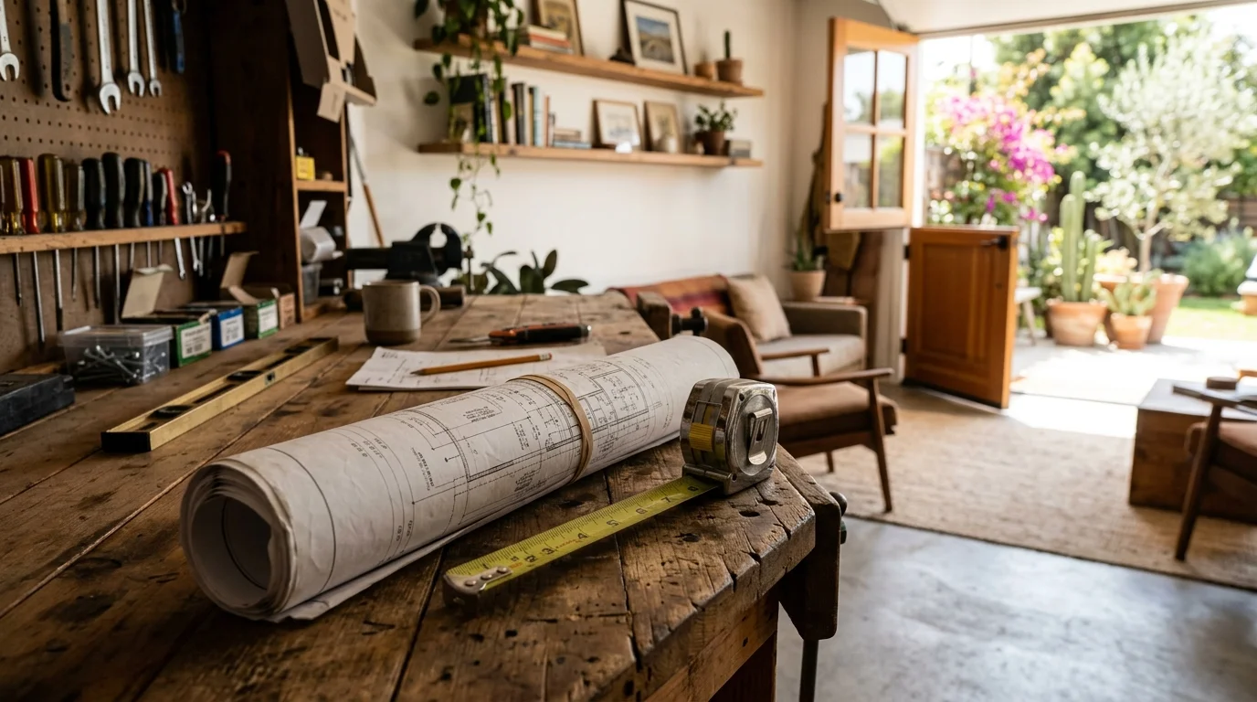 Rolled residential permit drawings and a tape measure on a workbench in a San Diego garage