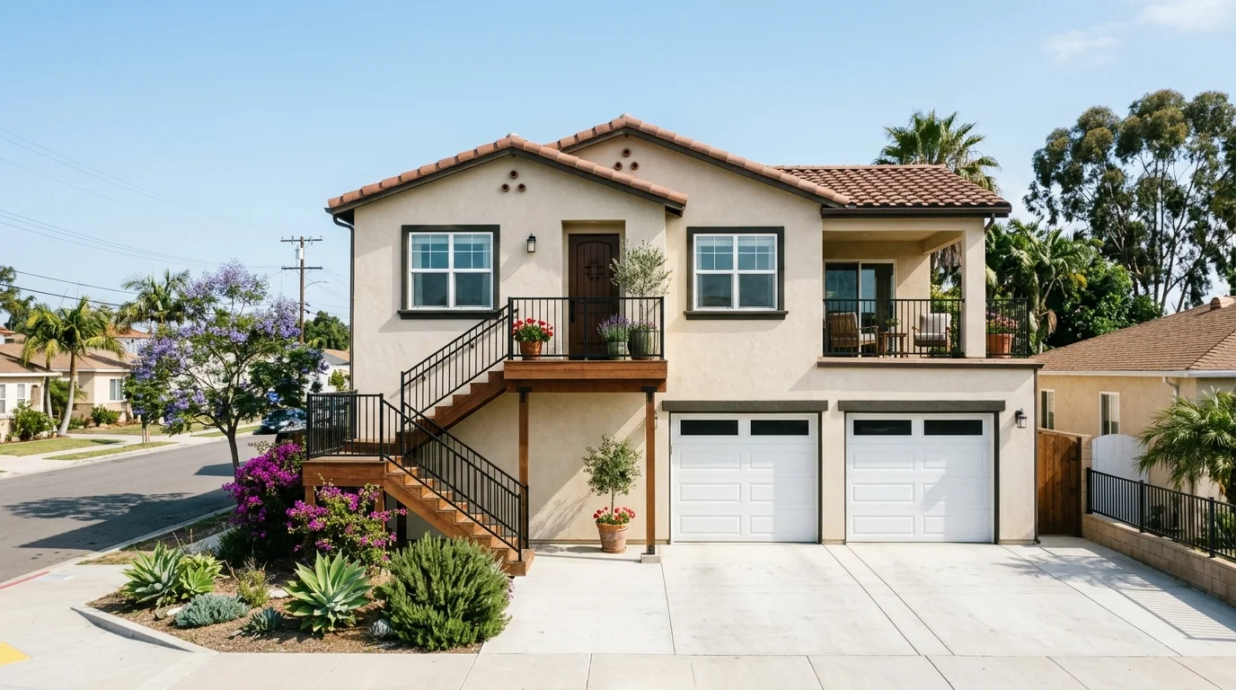 Two-story Chula Vista home with living space above the attached garage and an exterior stairway