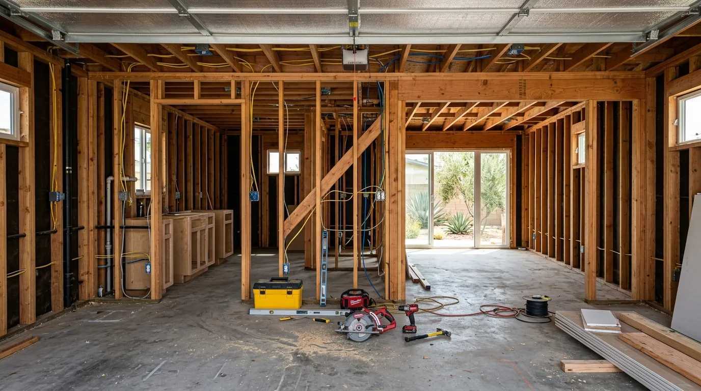 Garage conversion job site in San Diego with framing and electrical rough-in visible