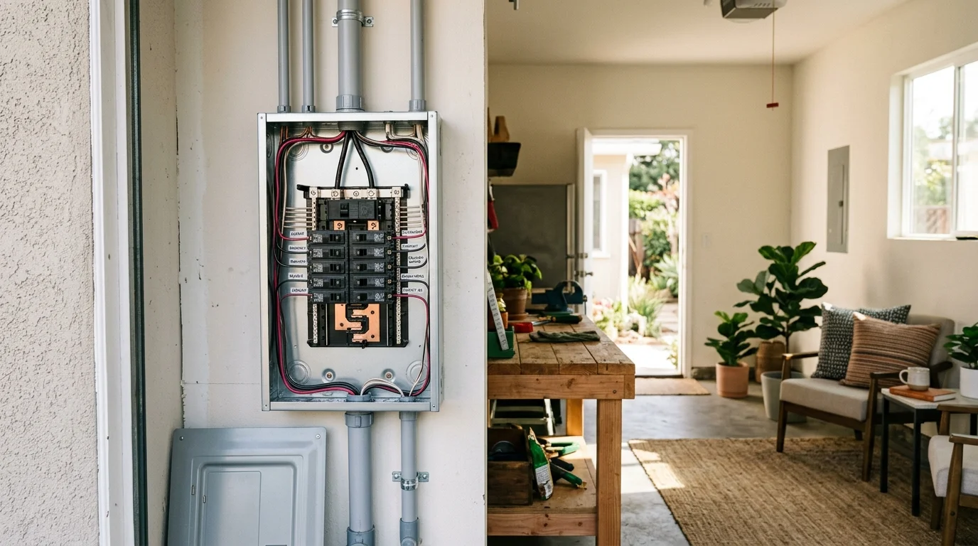 New electrical subpanel mounted on a garage wall with conduit runs and the cover removed