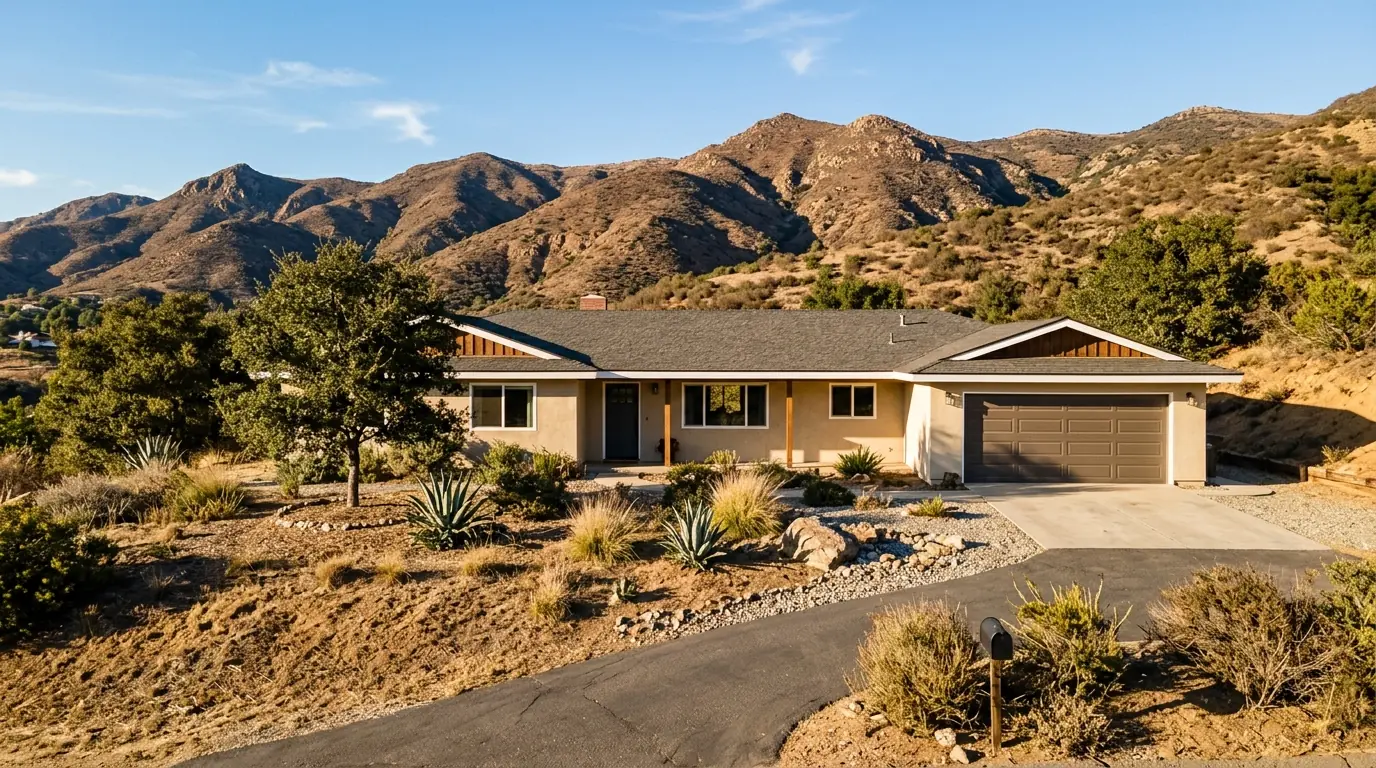 Escondido single-story ranch house with a two-car attached garage and dry inland hills behind