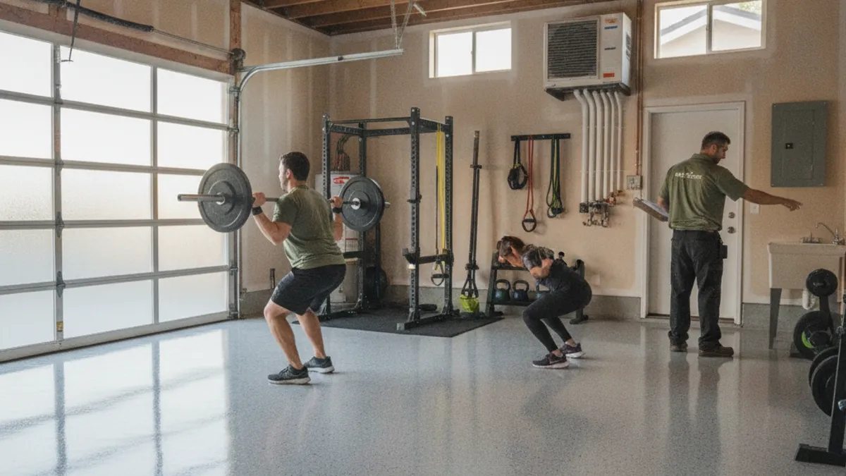 A converted garage home gym in San Diego with an epoxy coated floor
