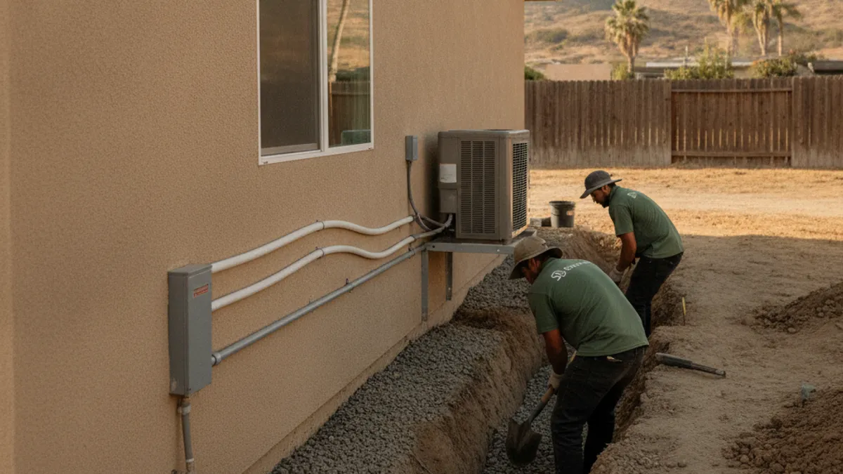 A French drain trench being installed along the exterior wall of a converted garage in San Diego