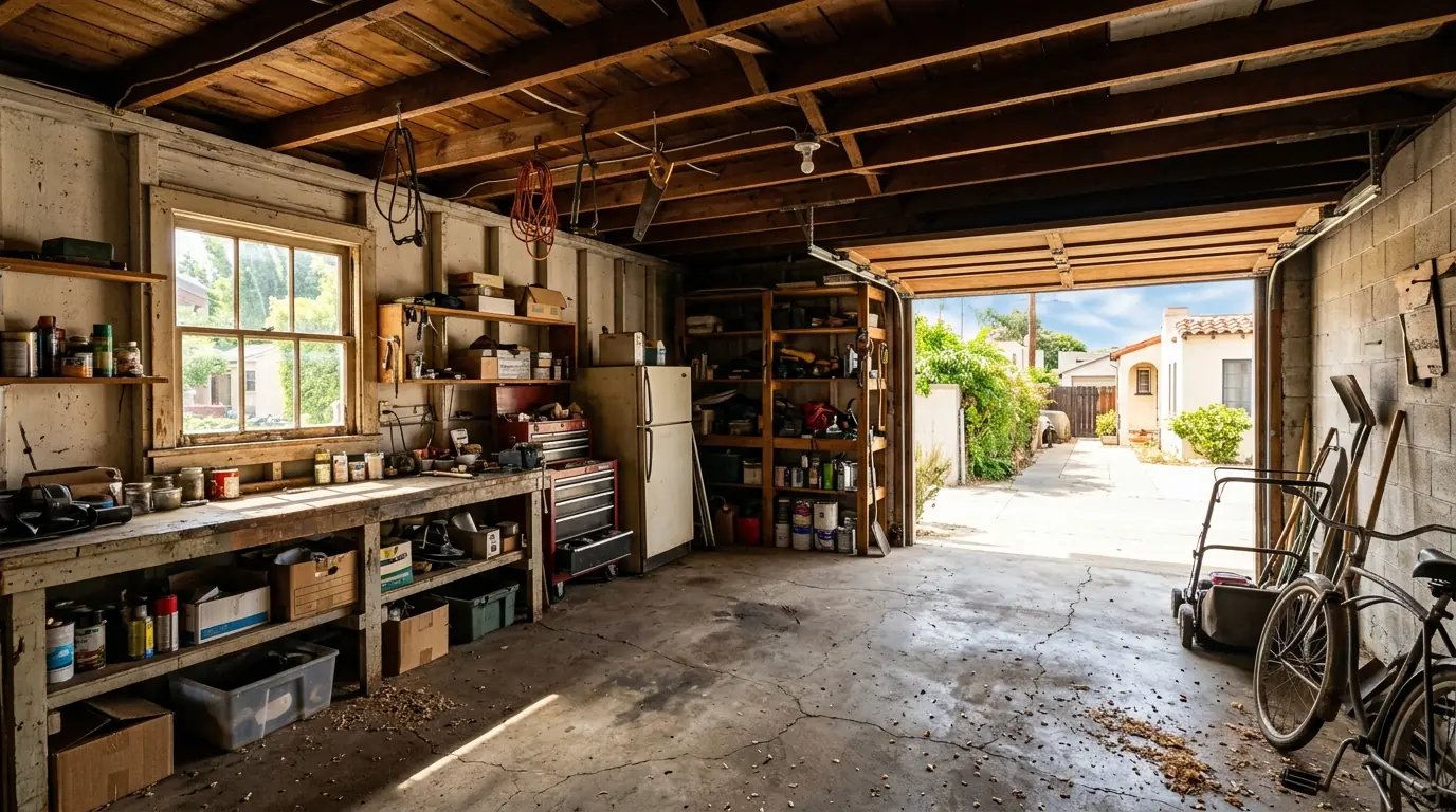 Interior of an older San Diego one-car garage with a low ceiling, exposed joists, and a side window