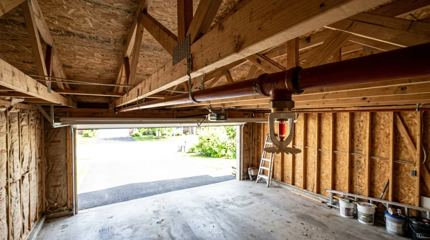 Unfinished San Diego garage ceiling with exposed pipe and an open garage door letting in daylight