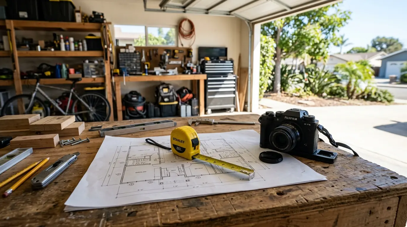 Tape measure, printed floor sketch, and camera on a workbench just inside a San Diego garage