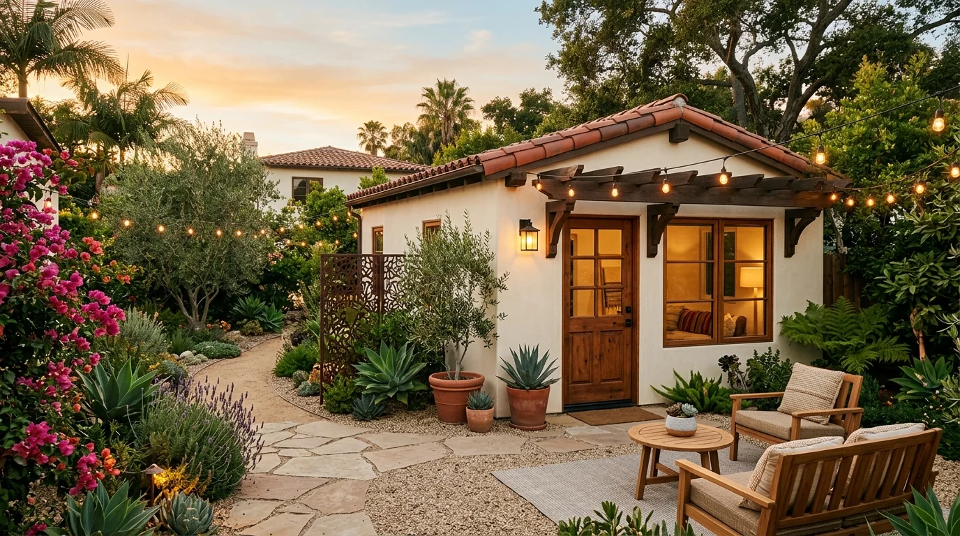 Detached converted garage guest space in a San Diego backyard with its own door and patio