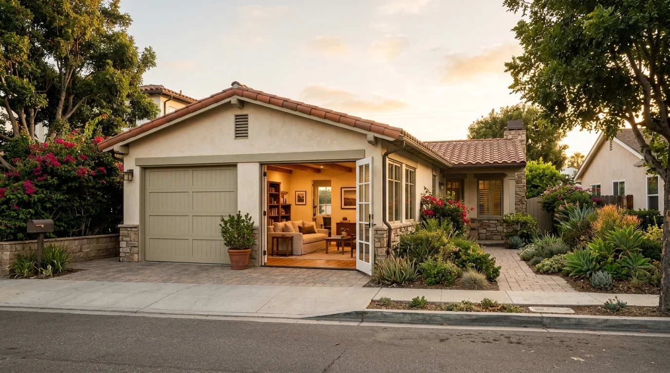 San Diego home with its original garage door kept in place over a converted interior