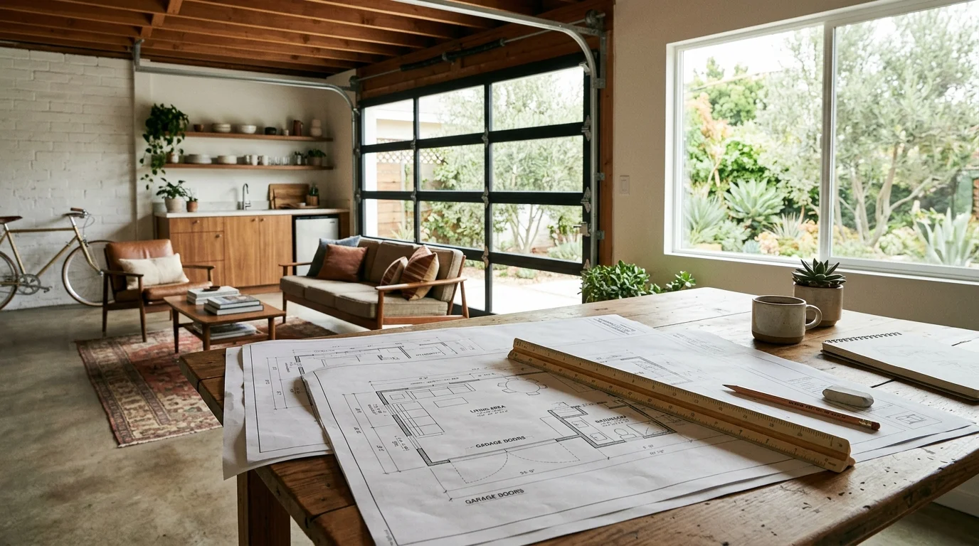 Architectural floor plan sheets for a garage conversion spread on a table with a scale ruler