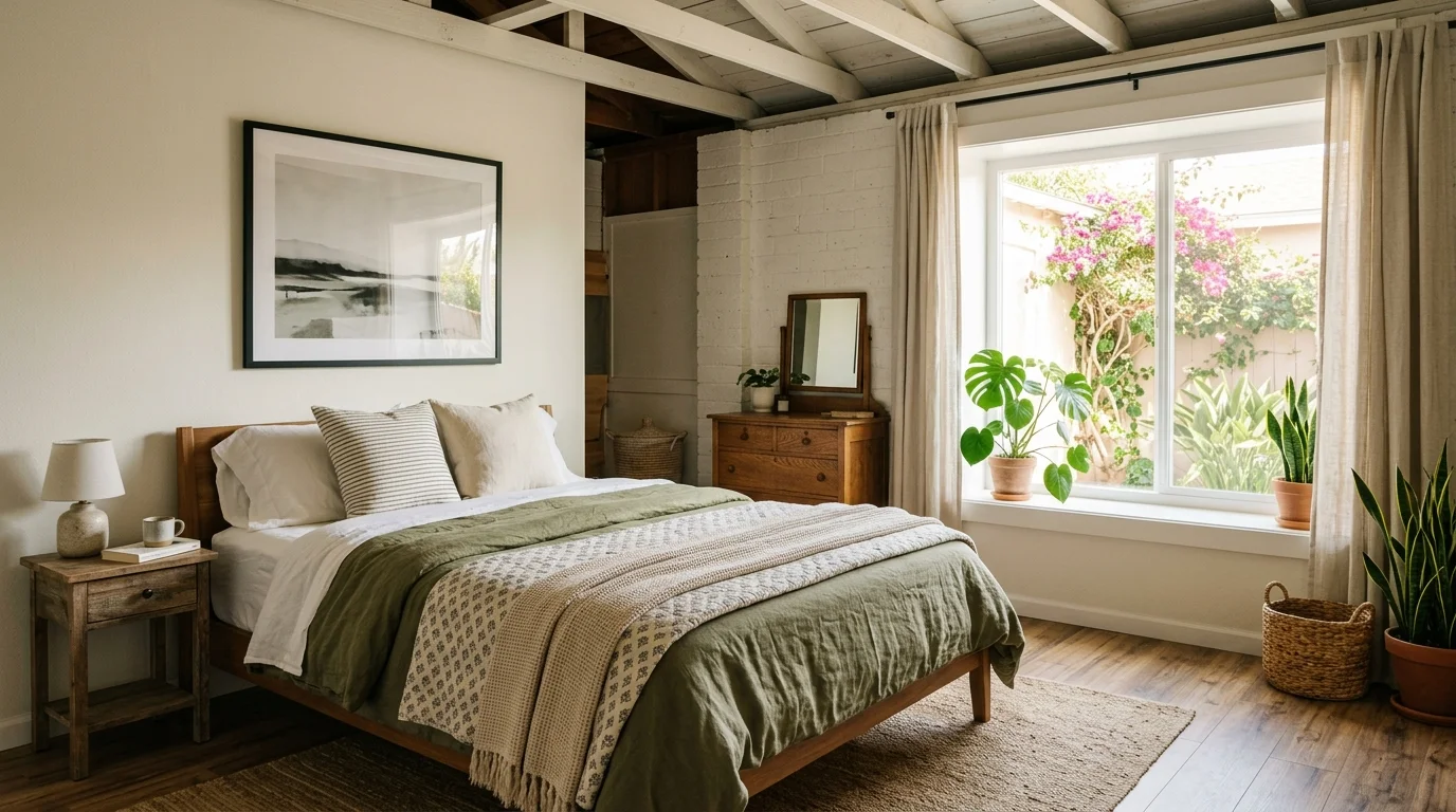 Converted garage bedroom in a San Diego home with a new window and wood-look flooring