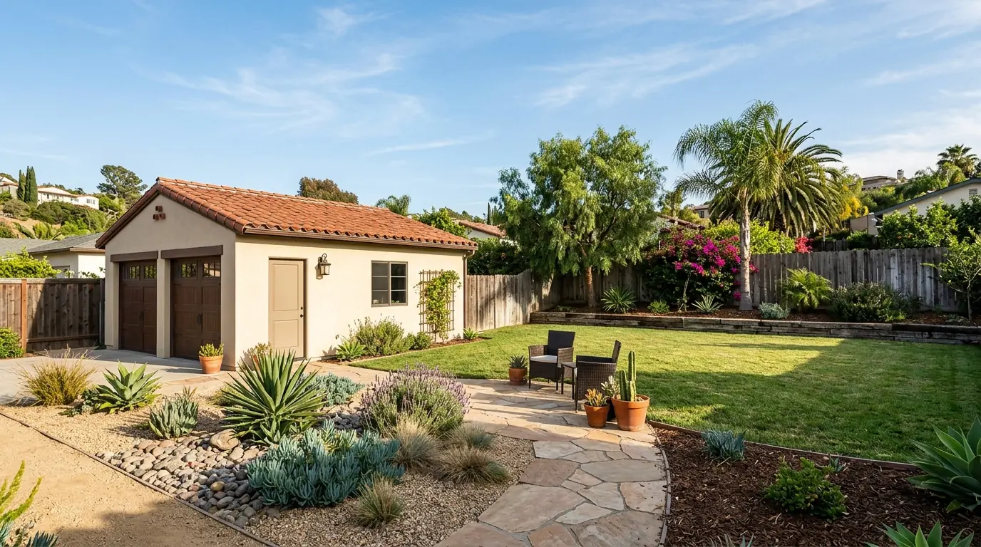 San Diego backyard with a detached garage on one side and open lawn where a new ADU could sit