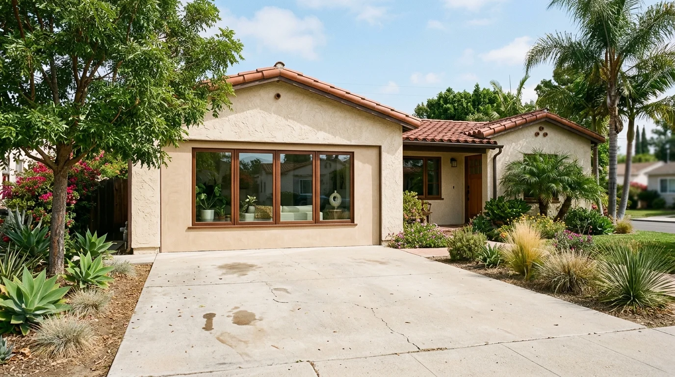 San Diego home with a garage door opening replaced by a wall and window