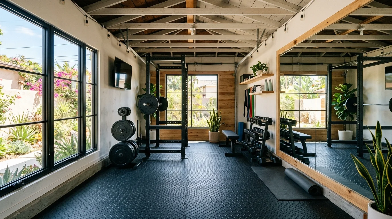 Converted garage home gym in San Diego with rubber flooring, wall mirror and a new window