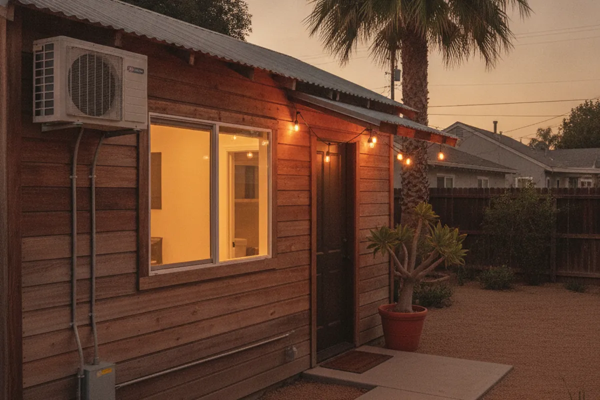 A tidy studio ADU converted from a garage in a San Diego backyard with outdoor string lights and a potted plant by the entrance