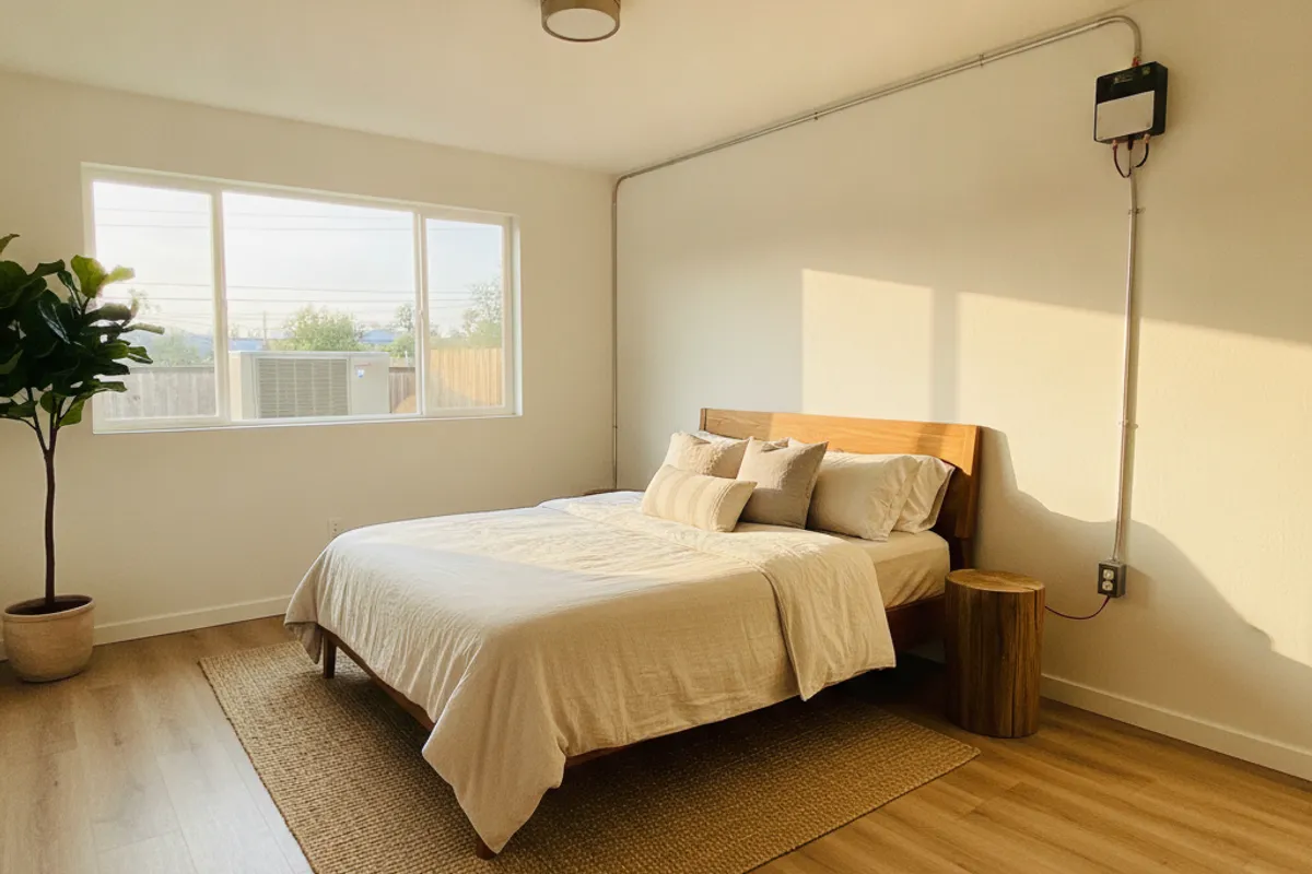 A bright bedroom inside a converted single car garage in a San Diego home with a window on the far wall