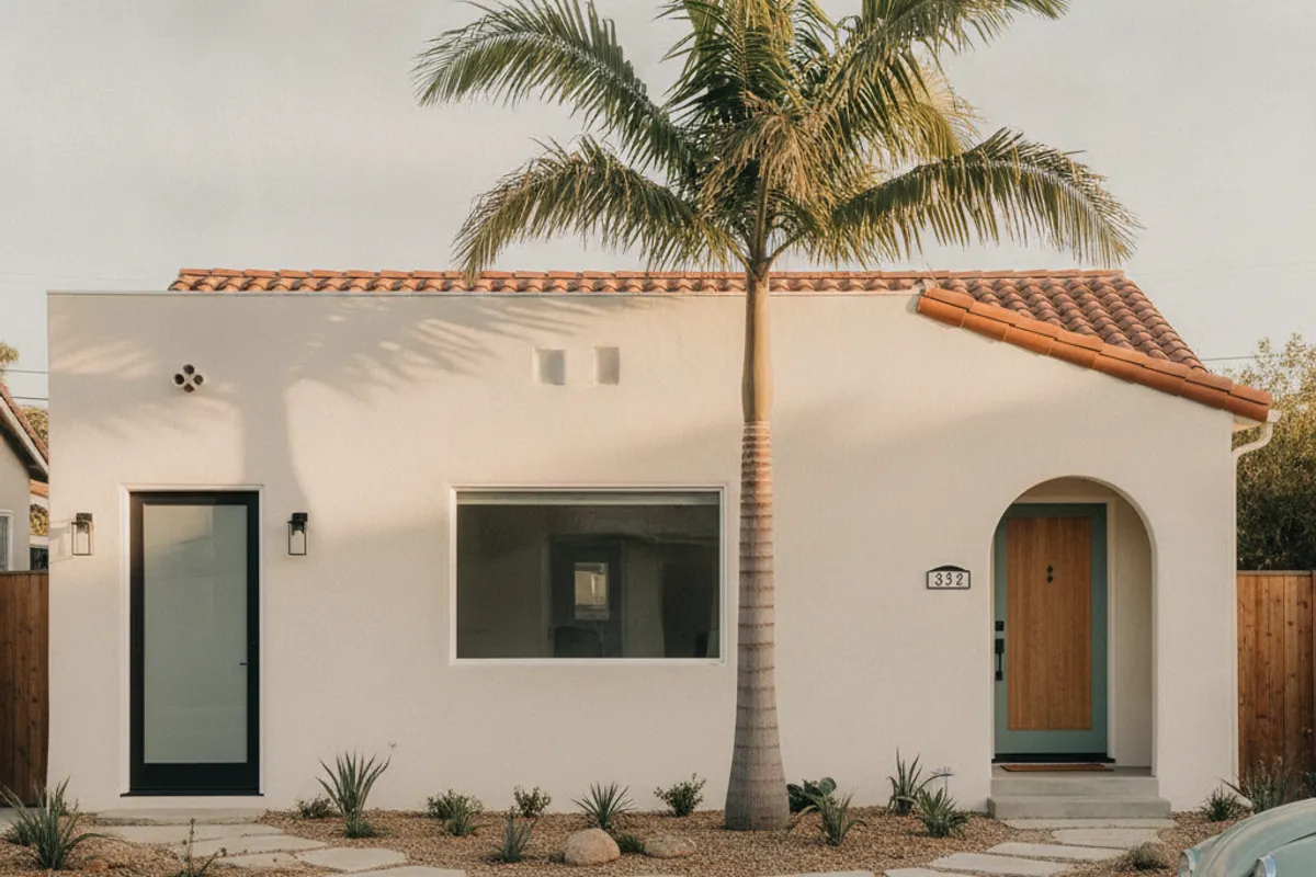 A San Diego bungalow with a converted garage visible from the street showing a new entrance door and window