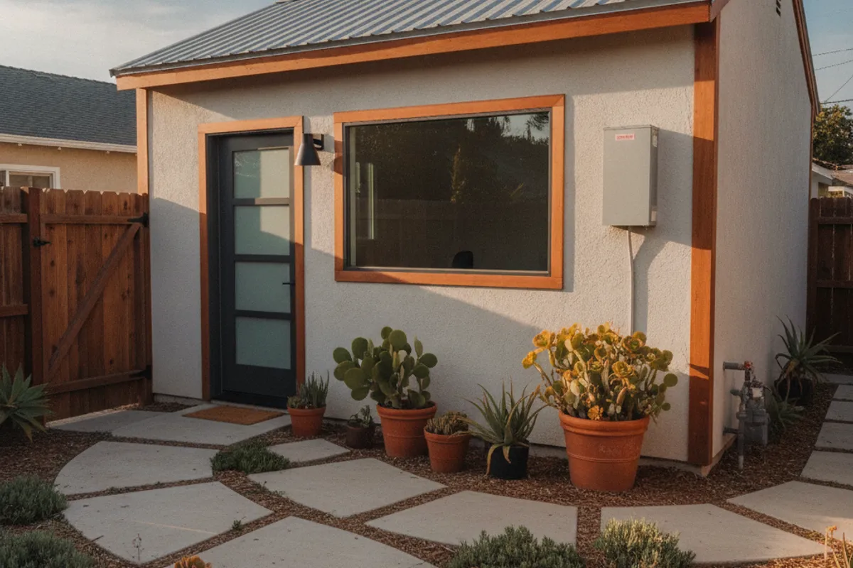 A detached garage in a San Diego backyard with a converted ADU entrance and landscaped path