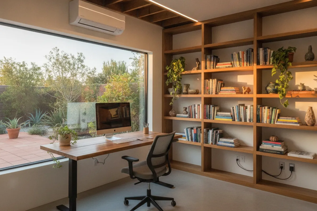 A clean converted garage in San Diego set up as a home office with a desk window and built in shelving