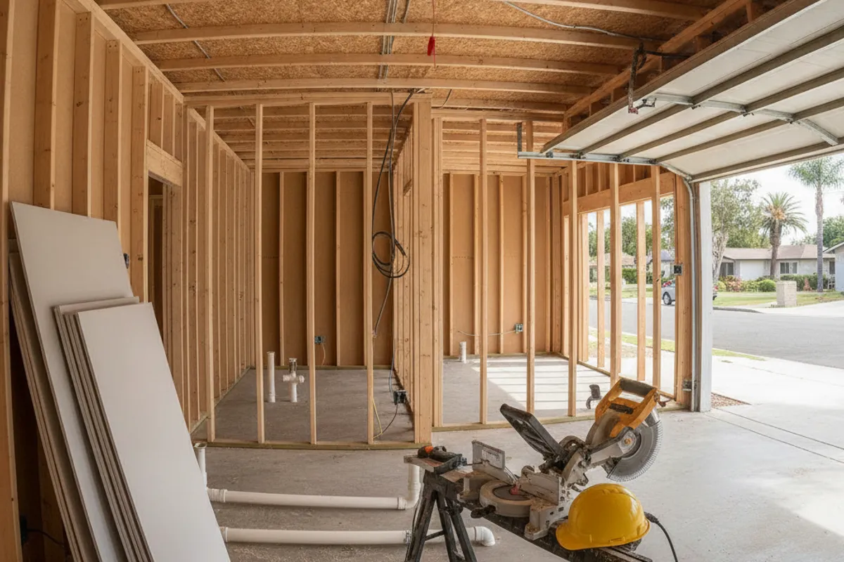 A San Diego garage conversion under construction showing framing and rough plumbing in progress