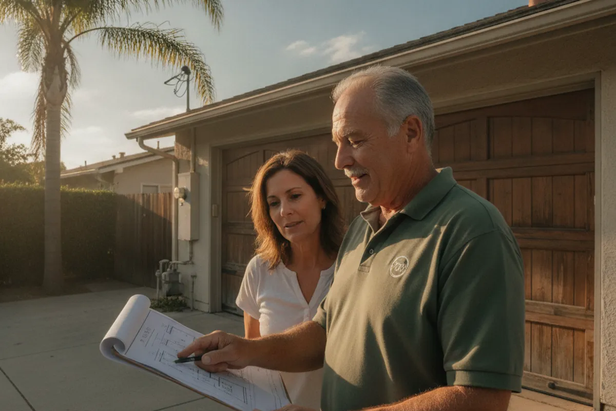 A contractor meeting with a San Diego homeowner outside a garage reviewing plans on a clipboard
