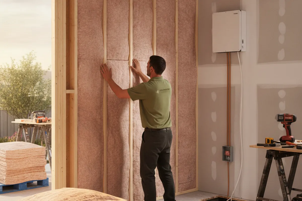 A contractor installing batt insulation inside a garage wall in San Diego during a conversion project