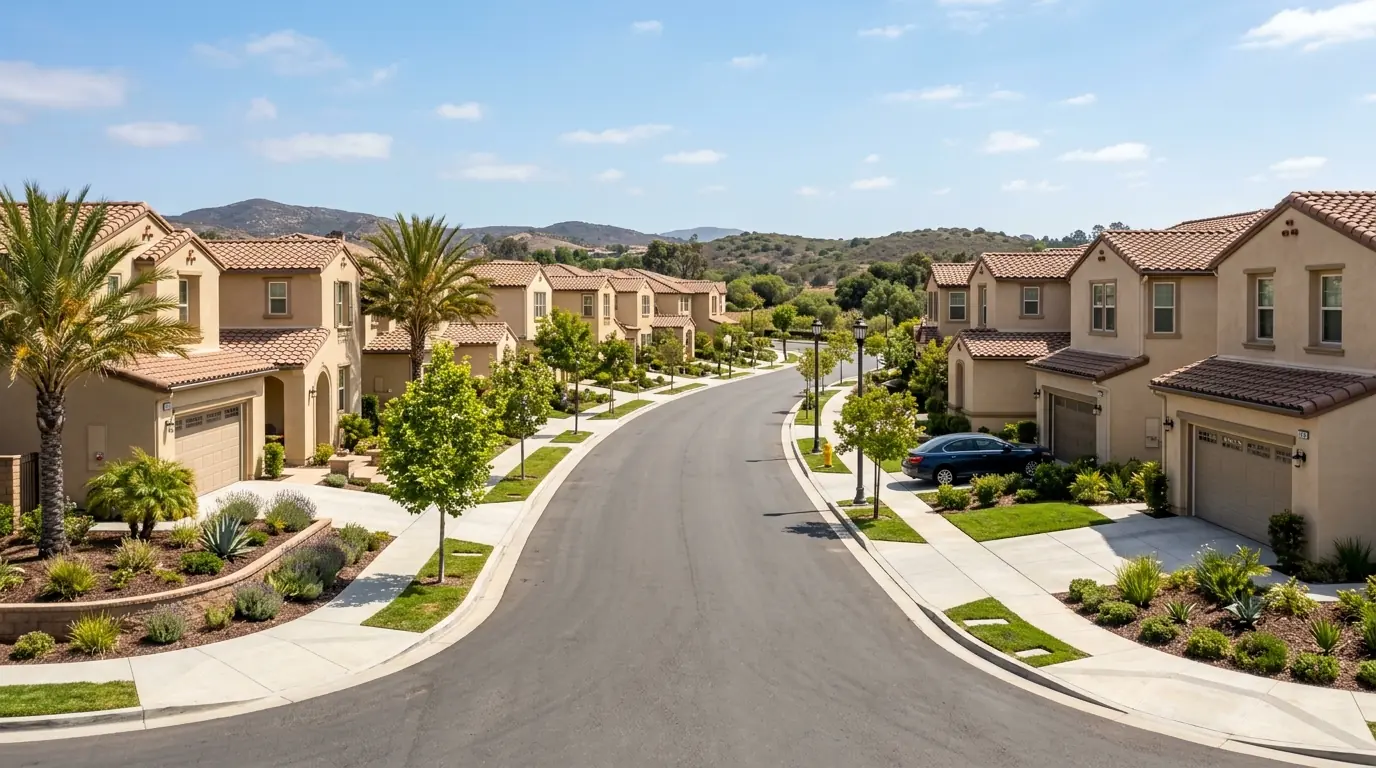Planned-community street of similar stucco homes with attached garages in San Diego County