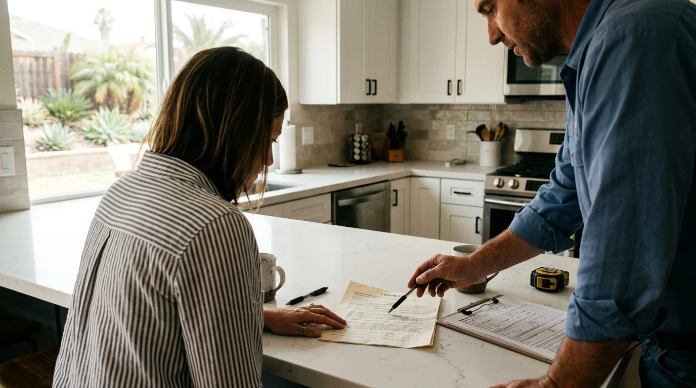Homeowner and contractor reviewing a home improvement contract on a kitchen counter