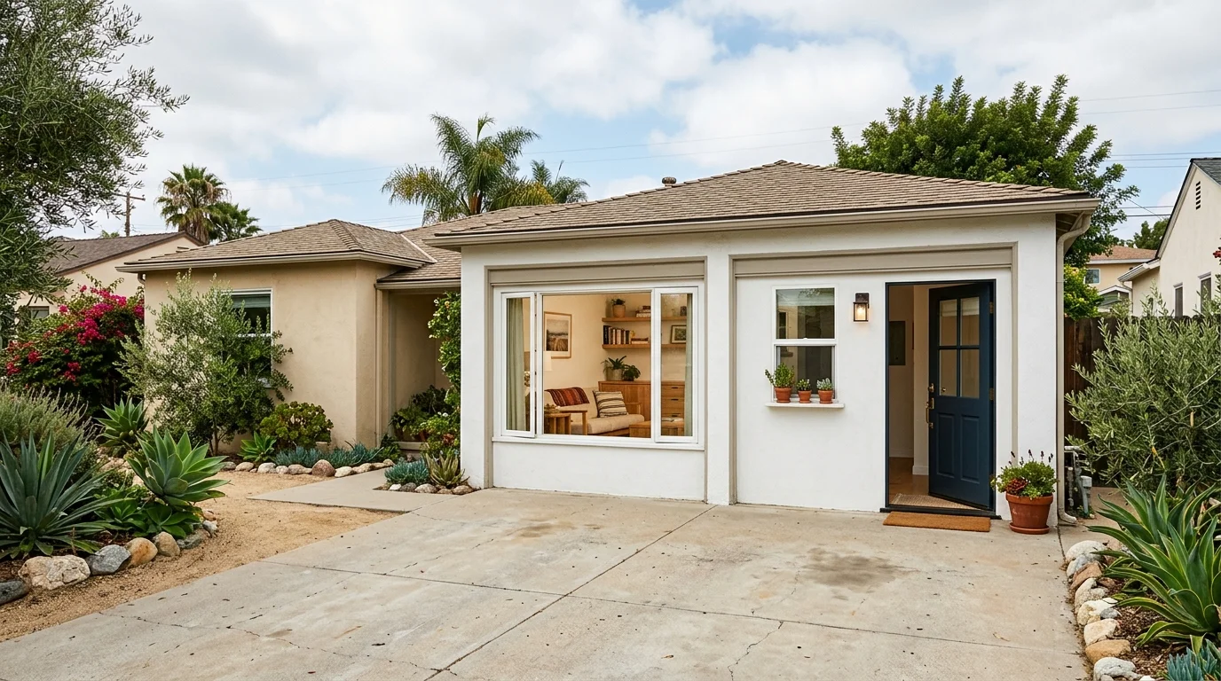 Attached San Diego garage converted into a small living space with its own exterior entrance