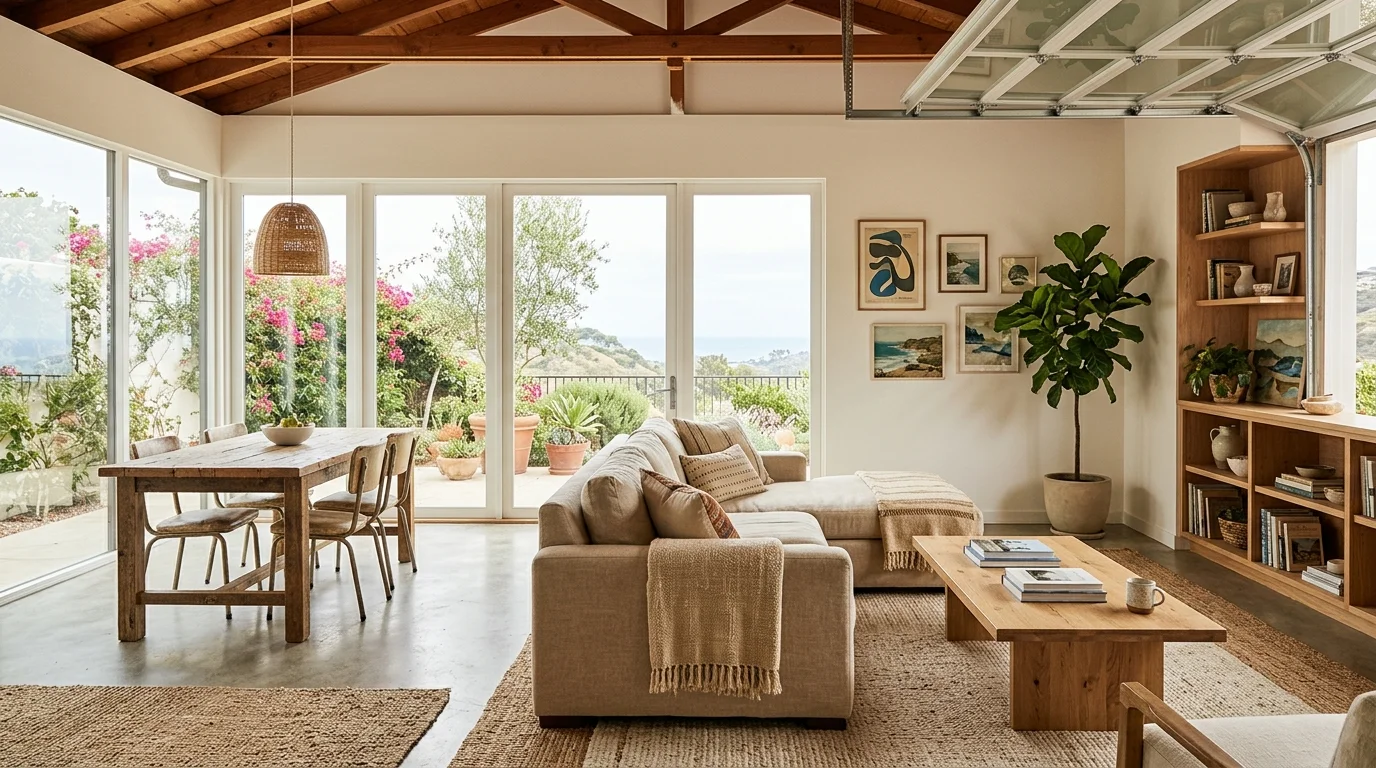 La Jolla hillside home with a garage tucked beneath the main floor and ocean haze beyond