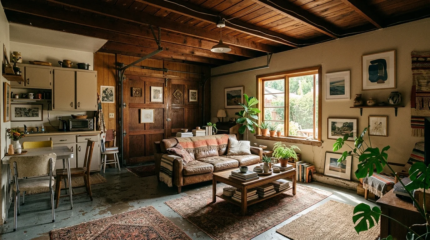 Older unpermitted garage conversion interior in San Diego with dated finishes and a single window