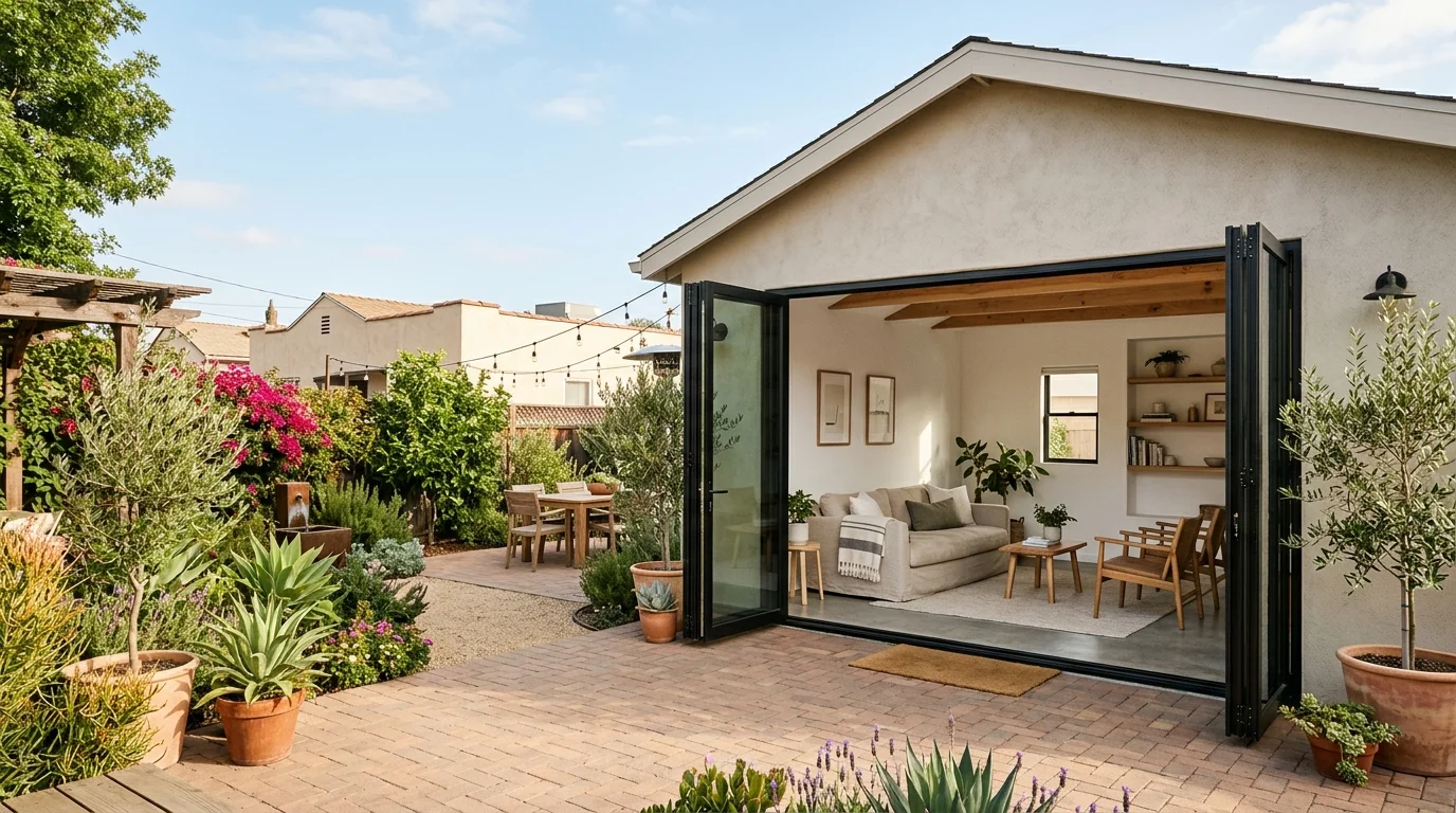Detached San Diego garage partway through conversion to an ADU, framing visible through the open door