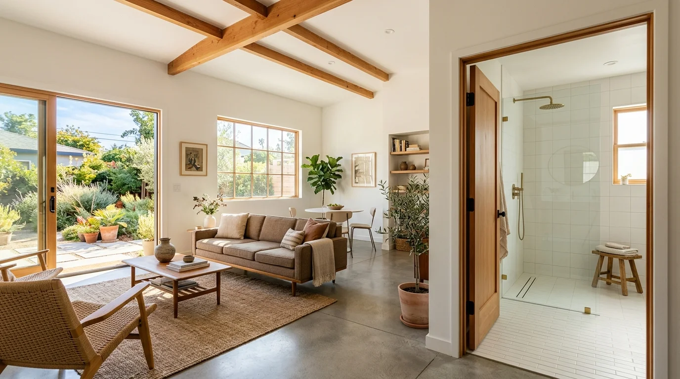 Bright converted garage living space with a wide doorway and curbless shower beyond