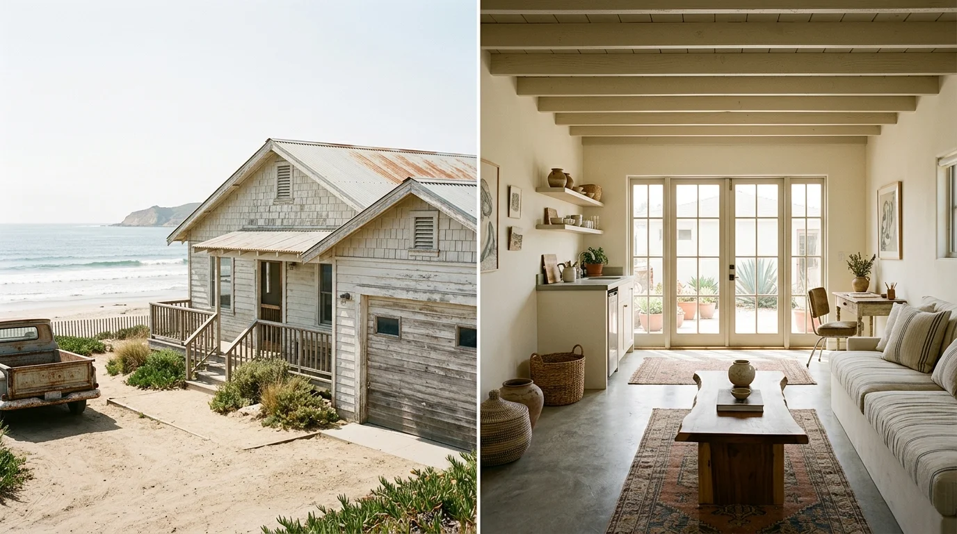 Oceanside beach-adjacent bungalow with an attached garage and salt-weathered exterior