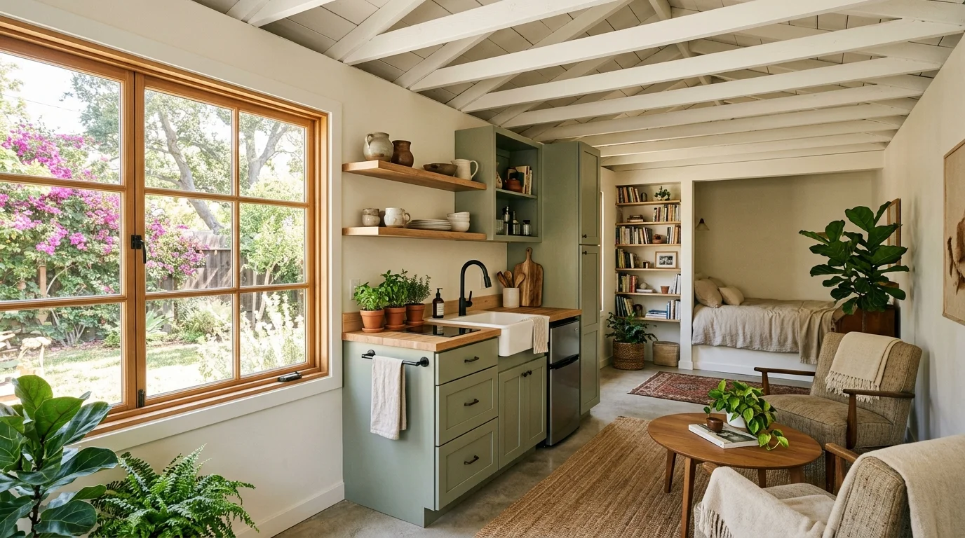 Compact converted single-car garage studio in San Diego with a kitchenette along one wall