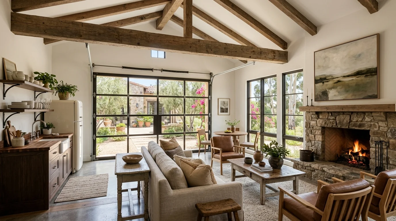 Rancho Santa Fe estate home with a detached garage, eucalyptus trees and a long gravel drive