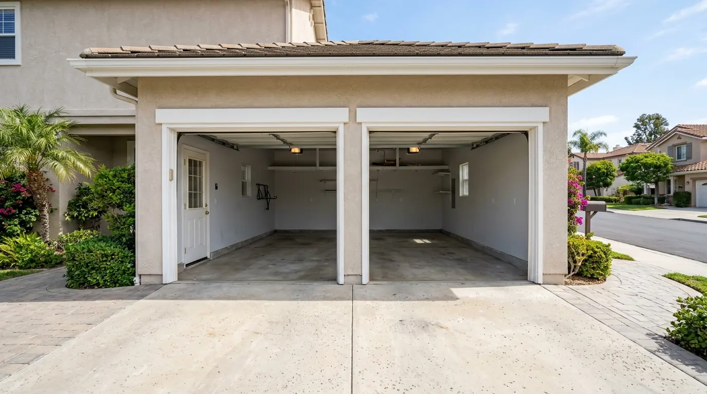 Empty two-car San Diego garage with both bays open, a sloped garage floor, and a side door