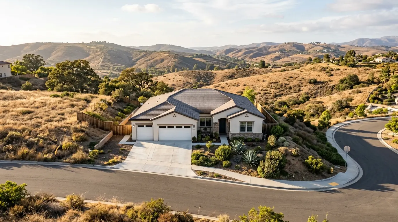 Vista hillside tract home with an attached two-car garage and inland hills in afternoon sun