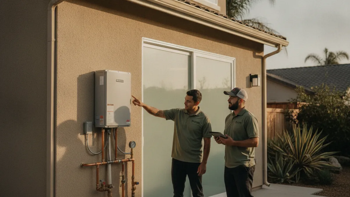 A tankless water heater mounted on the exterior wall of a converted garage ADU in San Diego