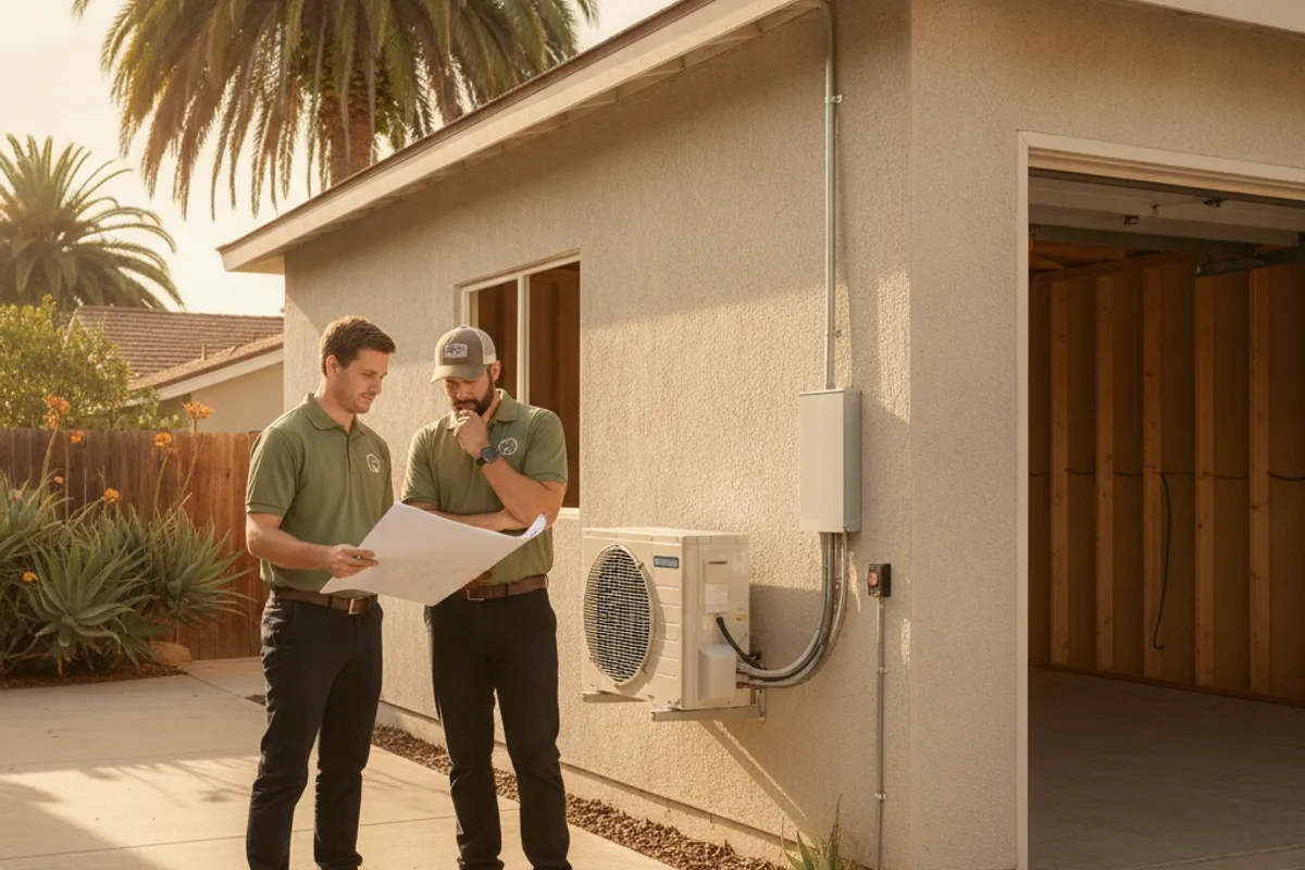 Homeowner and a local contractor reviewing garage conversion plans and permit documents at a San Diego County property.