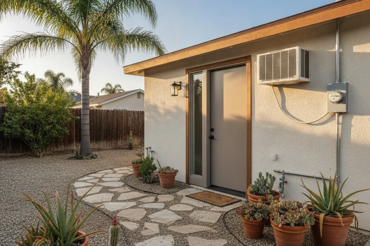 Insured local crew framing the interior of a detached garage being converted into an ADU in a San Diego County residential neighborhood.