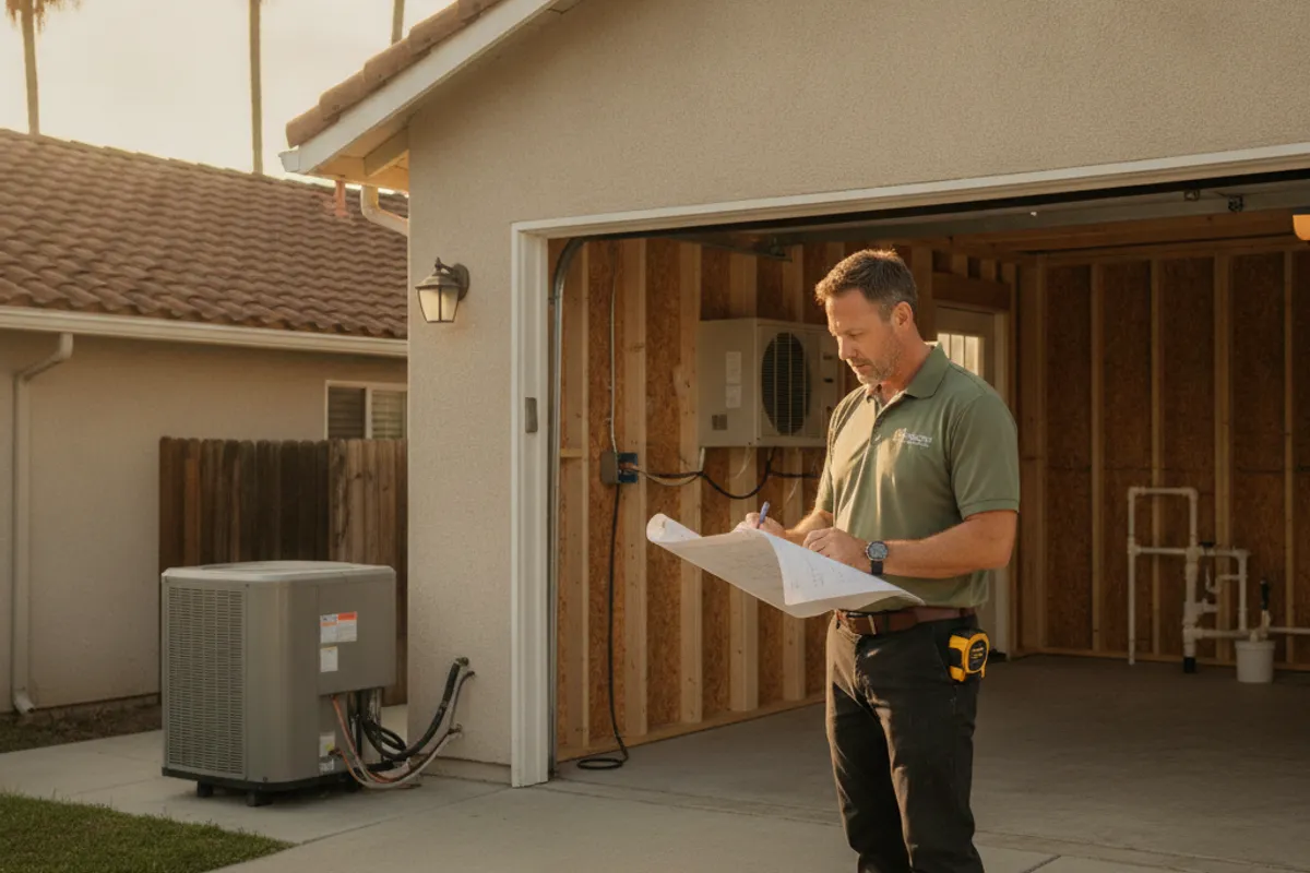 Completed garage ADU conversion with painted exterior siding, new windows, and a recessed entry door beside the main home in a San Diego County neighborhood.