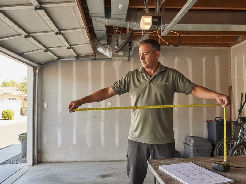 Homeowner measuring the interior width of a garage with a tape measure before a conversion project in San Diego