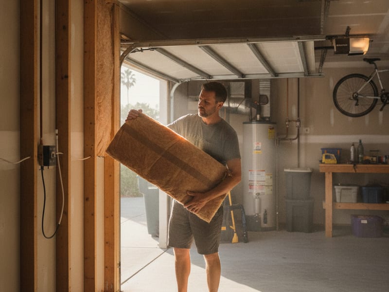 Empty garage cleared of belongings and ready for a conversion project in a San Diego home