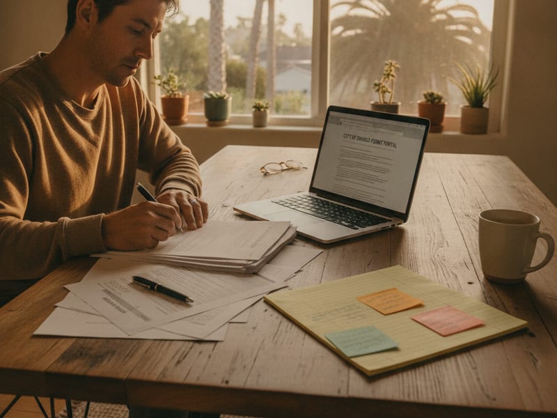 Homeowner reviewing approved garage conversion permit plans on a folding table at a San Diego construction site