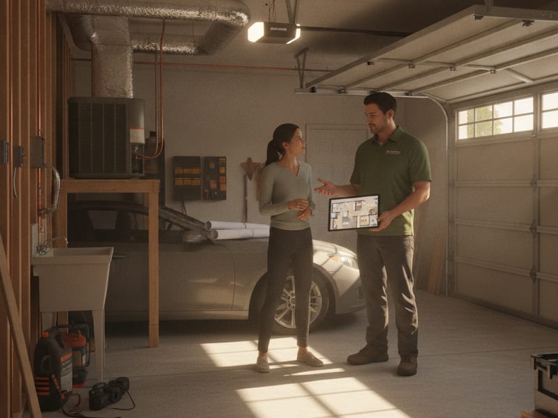 Homeowner and contractor reviewing a garage conversion floor plan layout and discussing ADU eligibility at a San Diego County property