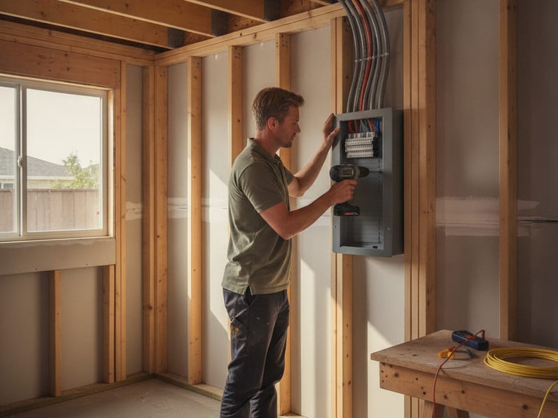Electrician installing a subpanel and new circuits in a San Diego County garage being converted to an ADU