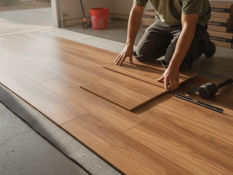 LVP flooring being installed over a vapor-control-treated garage floor slab in a San Diego County garage conversion