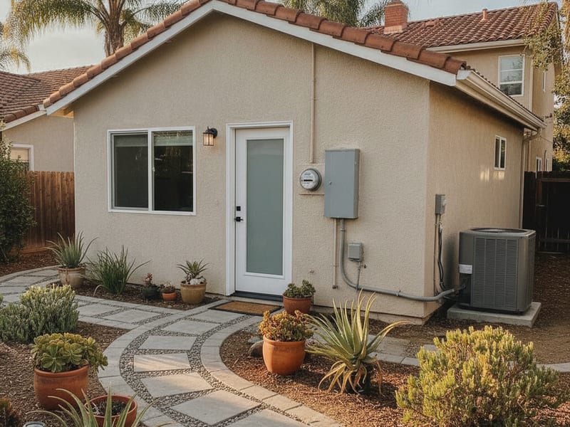 Completed full ADU garage conversion with new windows, exterior siding, and a separate entry door beside the main home in a San Diego County neighborhood