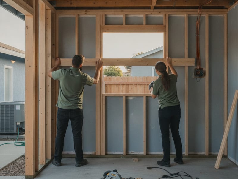 Framed and finished infill wall replacing a garage door opening on a San Diego County residential home mid-conversion
